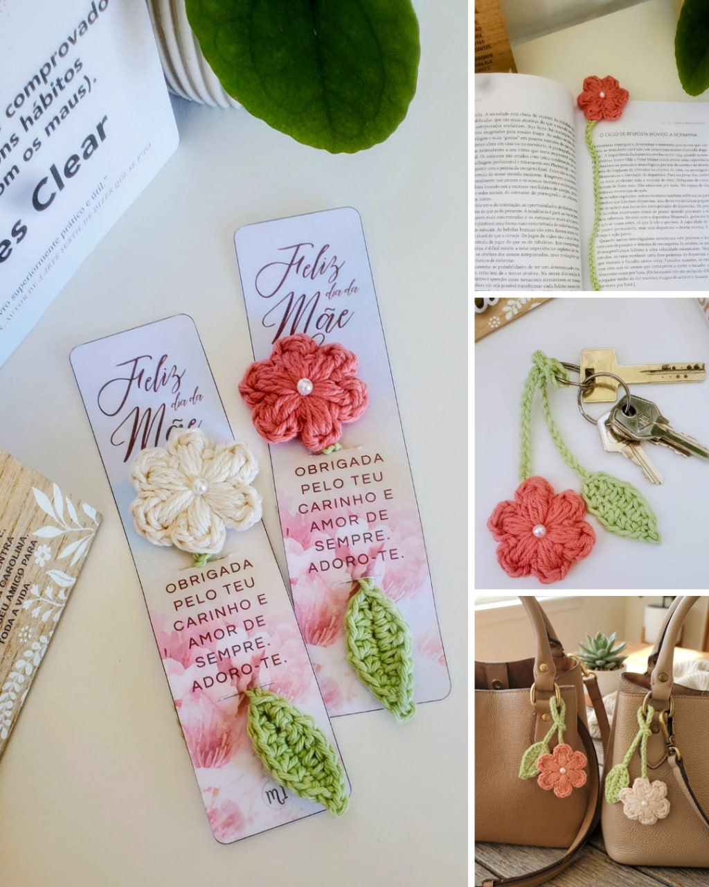 Marcadores Dia da Mãe com flores em croché